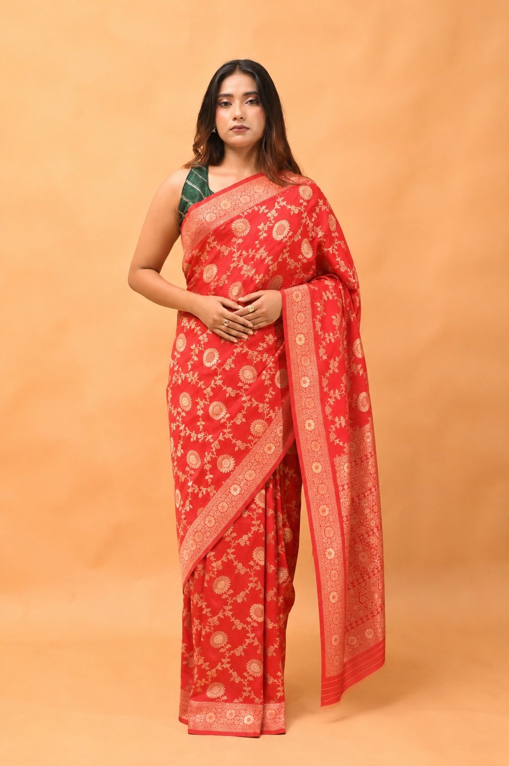Vermilion Red Banarasi Brocade Saree With Handwoven Floral Jangla Design